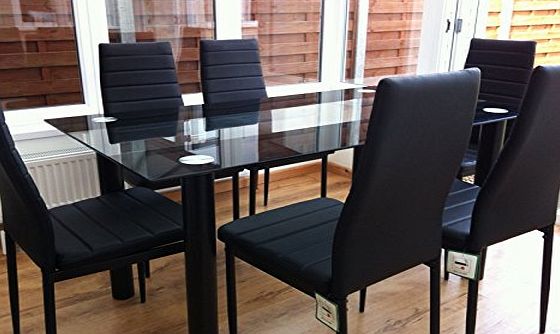Cravog [UK Stock] Cravog Black Tunning Glass Dining Table Set and with 6 Faux Leather Chairs